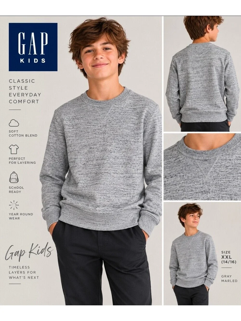 Gap Kids XXL 14/16 Gray Marled Crewneck Sweatshirt Pullover Cotton Blend